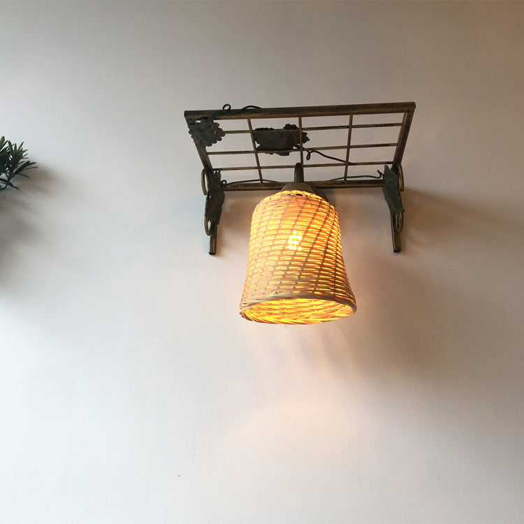 Rectangular Iron Bamboo Woven 1-Light Wall Sconce Lamp