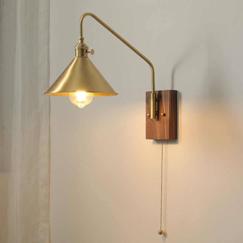Retro Brass Walnut Conic 1-Light Wall Sconce Lamp