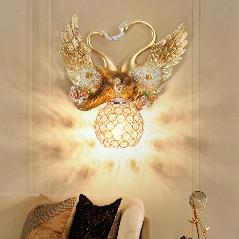 Deco Iron Crystal Couple Swan Ball 1-Light Wall Sconce Lamp