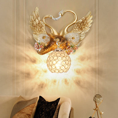 Deco Iron Crystal Couple Swan Ball 1-Light Wall Sconce Lamp