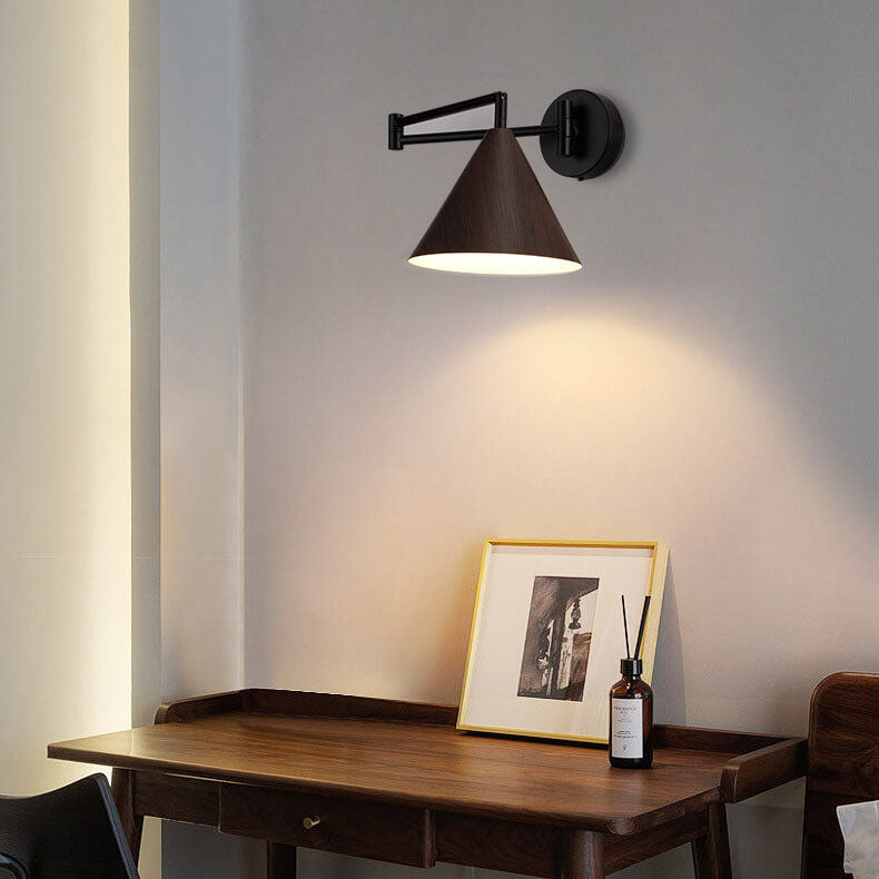 Nordic Minimalist Cone Swing Arm Wood Grain Wall Sconce