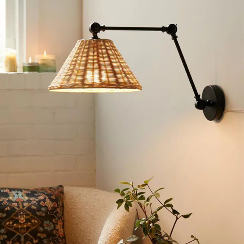 Rattan Cone Shade Iron Swing Arm 1-Light Wall Sconce Lamp