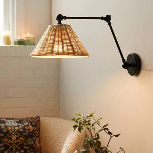 Rattan Cone Shade Iron Swing Arm 1-Light Wall Sconce Lamp