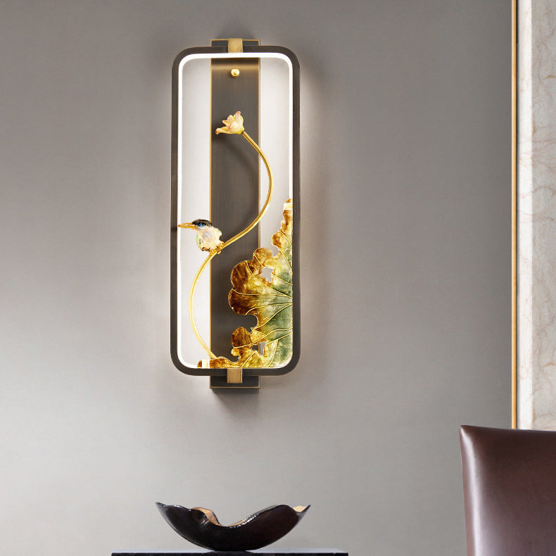 Chinese Copper Rectangular Frame LED Wall Sconce Lamp