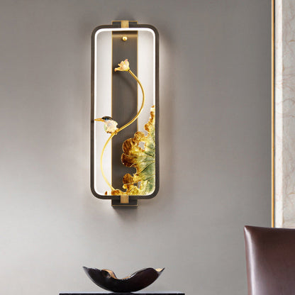 Chinese Copper Rectangular Frame LED Wall Sconce Lamp