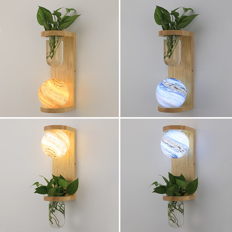 Glass Wood Planet Log Base Plant 1-Light Wall Sconce Lamp