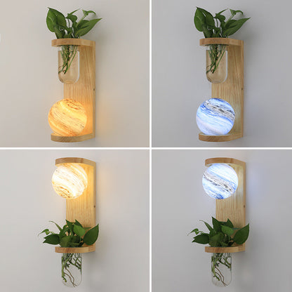 Glass Wood Planet Log Base Plant 1-Light Wall Sconce Lamp