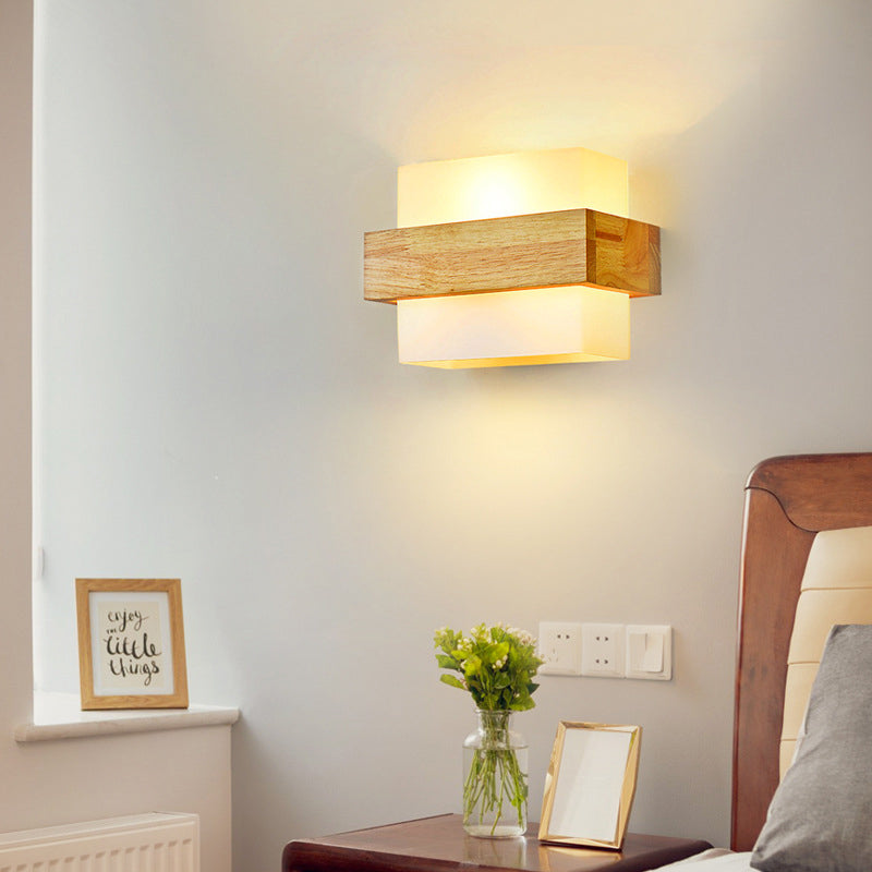 Farmhouse Wood Glass Cubic 1-Light Wall Sconce Lamp