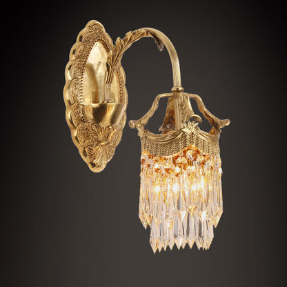 French Carved Leaf Brass Crystal 1/2 Light Wall Sconce Lamp