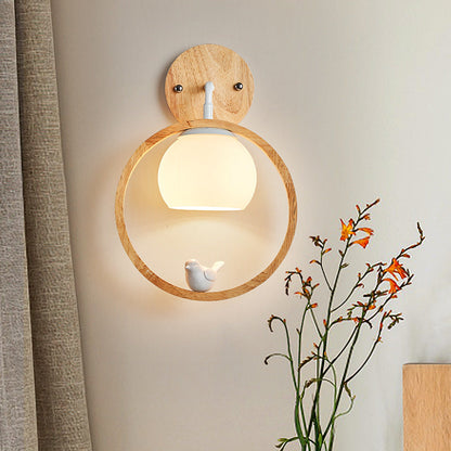 Scandinavian Round Bird Wood Glass 1-Light Wall Sconce Lamp