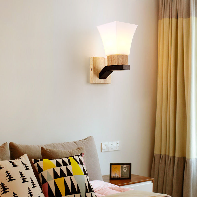 Quadrangular Solid Wood Iron Glass 1-Light Wall Sconce Lamp