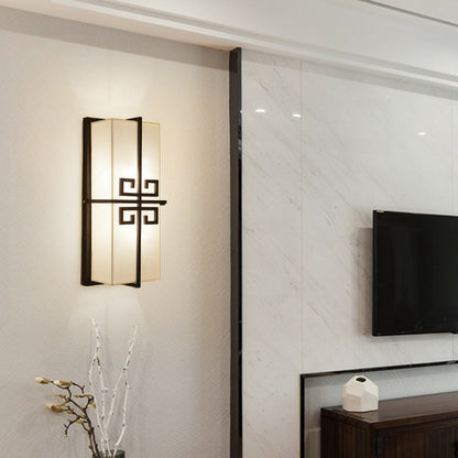 Chinese Rectangle Iron Fabric 2-Light Wall Sconce Lamp