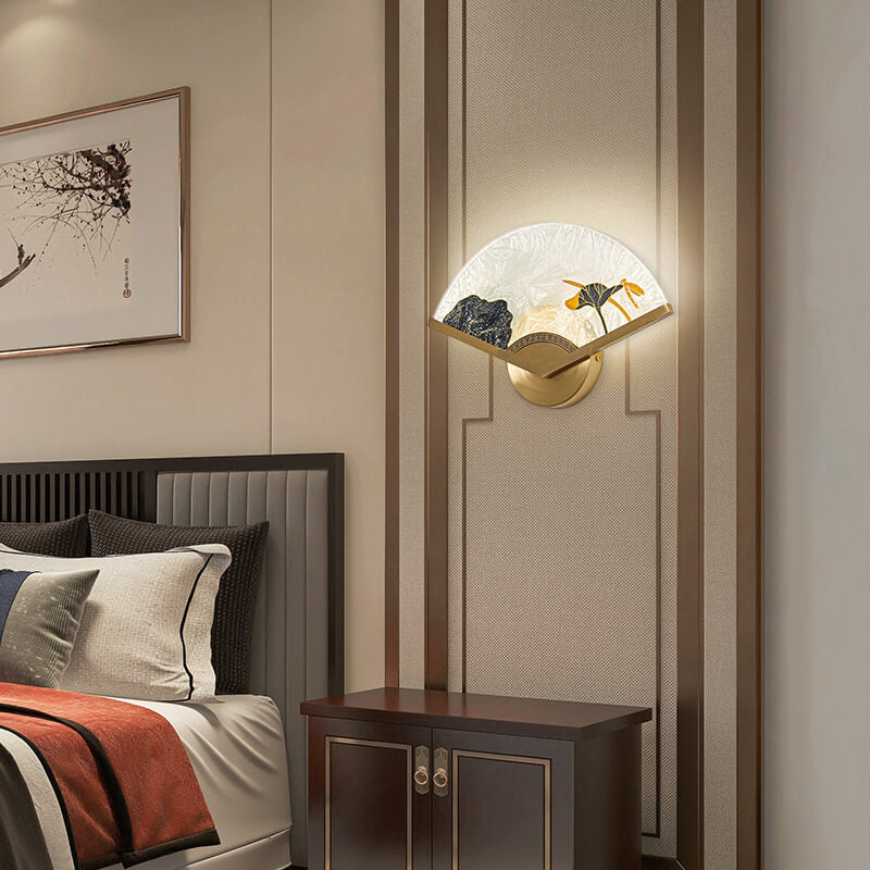Chinese Glass Folding Fan Shaped Brass LED Wall Sconce Lamp