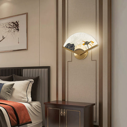 Chinese Glass Folding Fan Shaped Brass LED Wall Sconce Lamp
