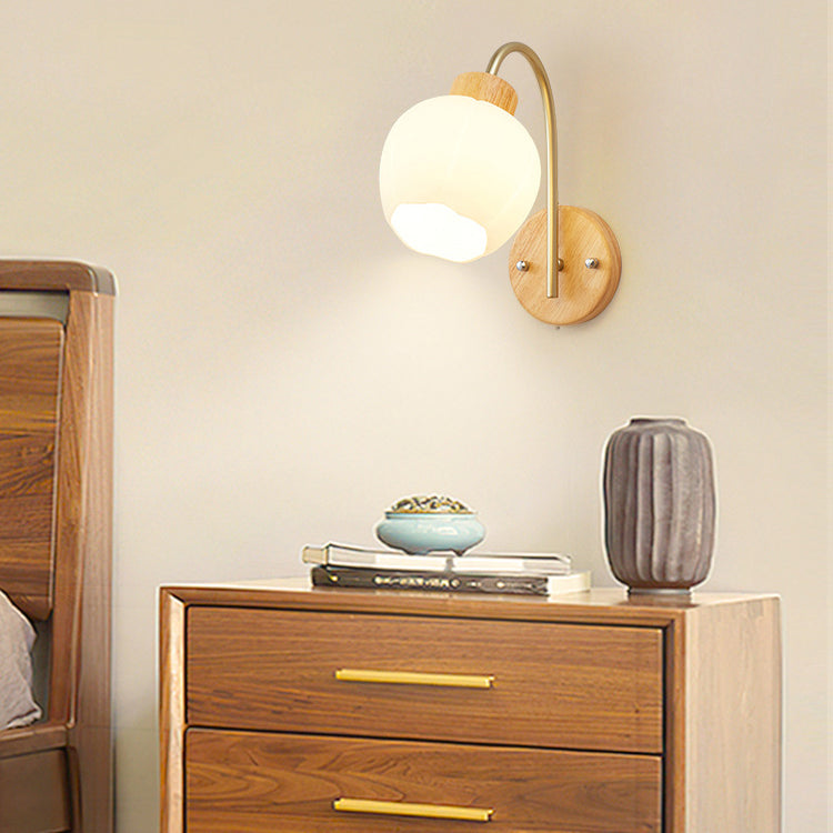 Bell Pleated Glass Shade Wood 1-Light Wall Sconce Lamp