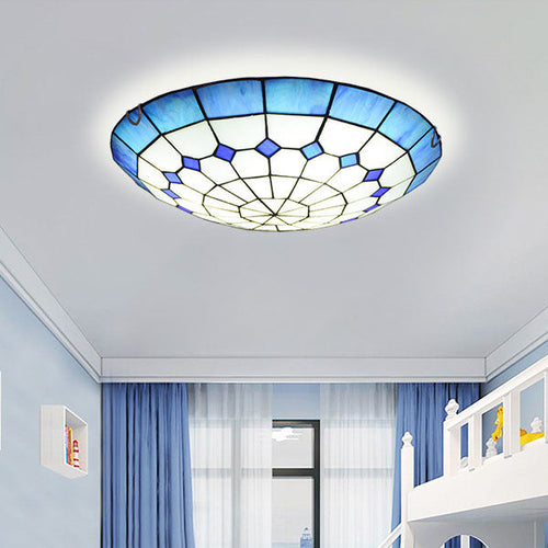 Traditional Tiffany Mediterranean Stained Glass Dome 2-Light Flush Mount Ceiling Light For Hallway