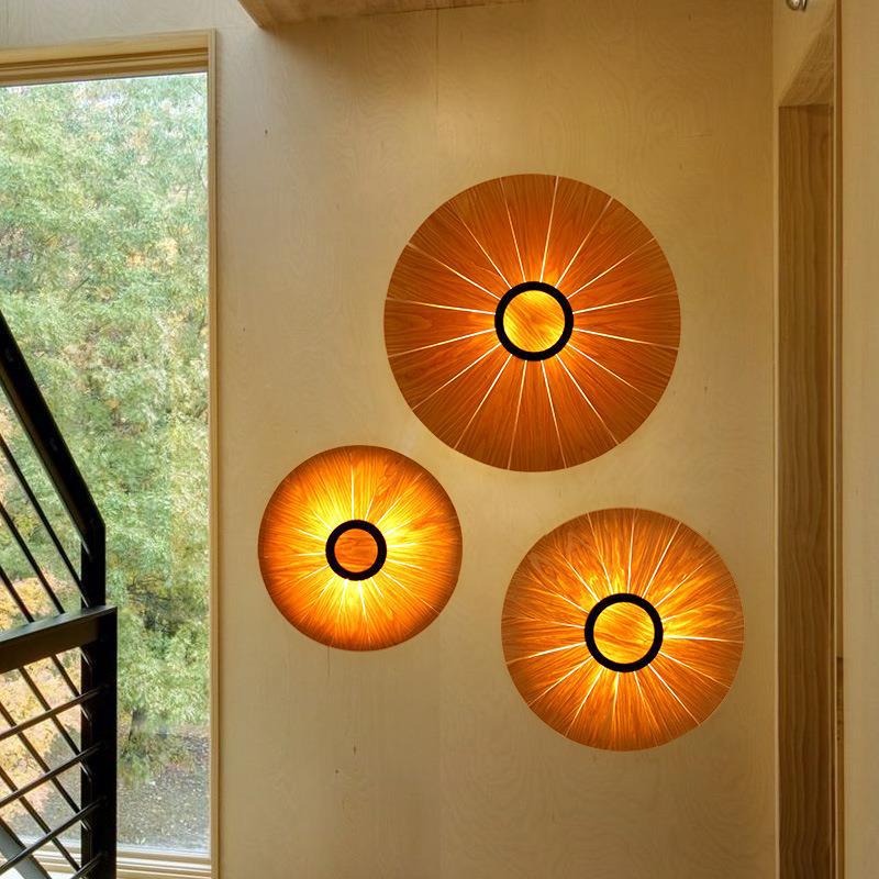 Round Cherry Veneer Oak Veneer 1-Light Wall Sconce Lamp