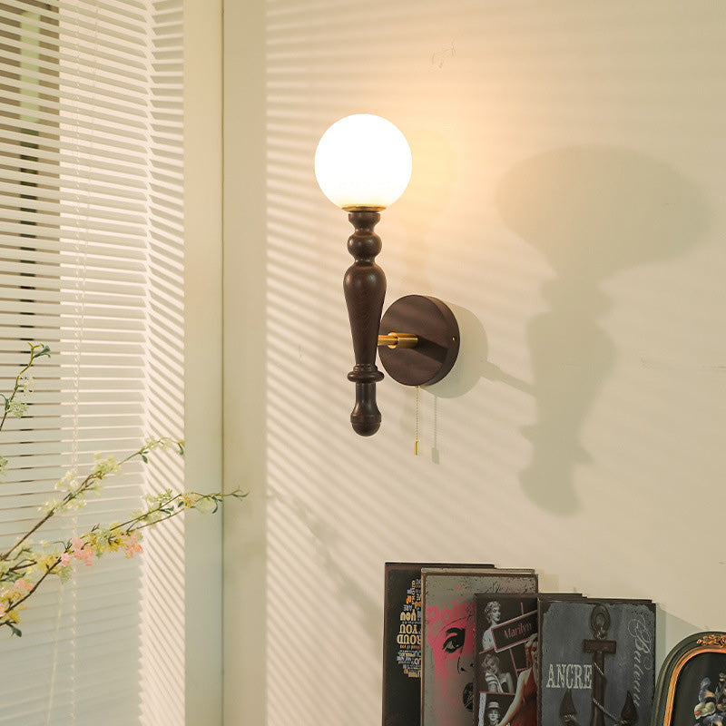 Retro Wood Aluminum Glass Ball 1-Light Wall Sconce Lamp