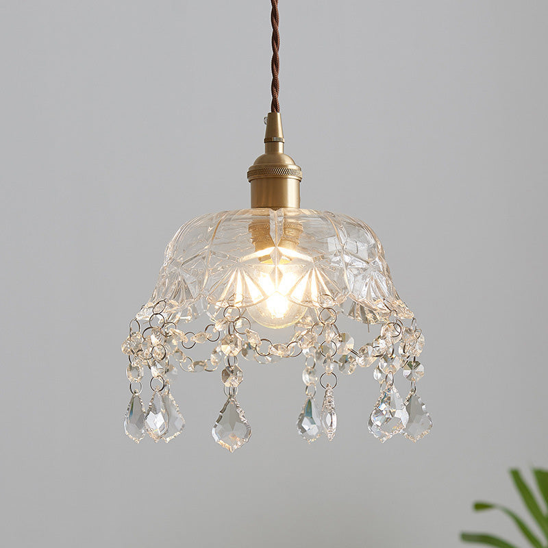 Round Carved Brass Glass Crystal 1-Light Pendant Light
