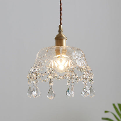 Round Carved Brass Glass Crystal 1-Light Pendant Light