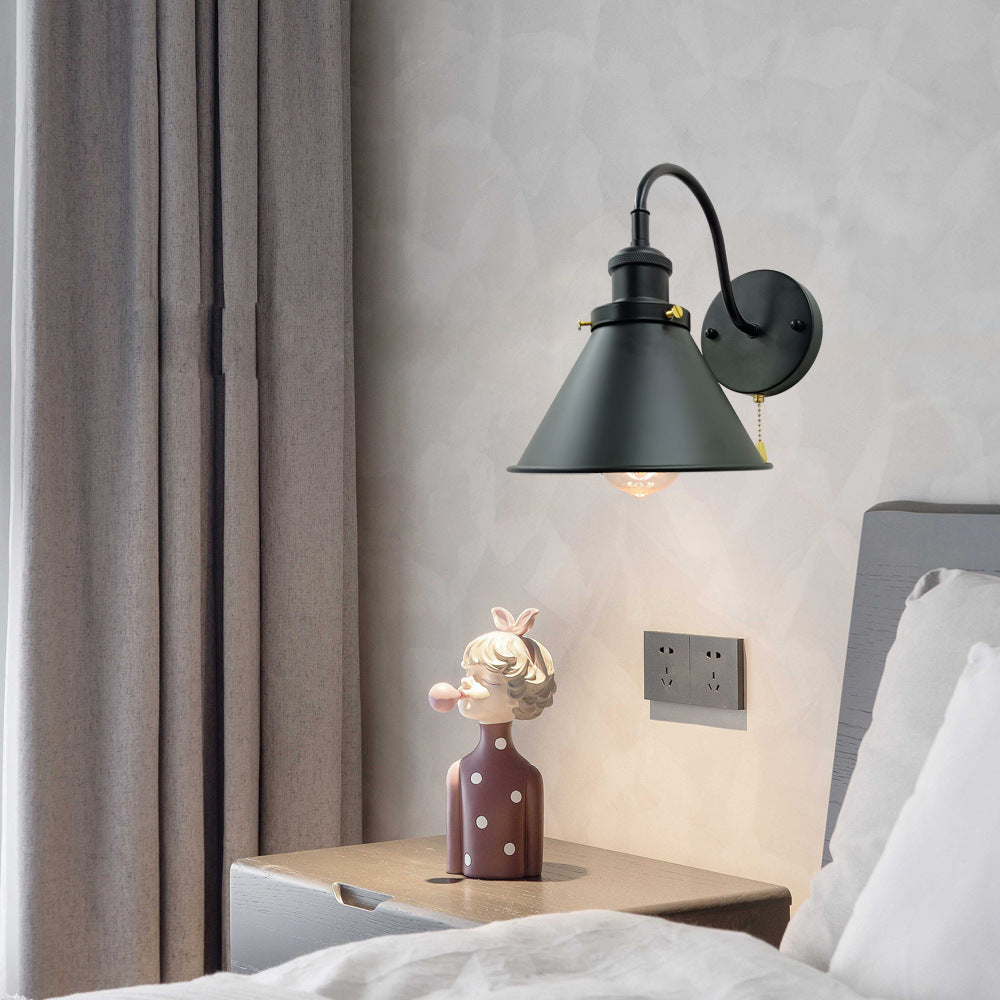 Iron Black Cone 1-Light Pull Cord Wall Sconce Lamp