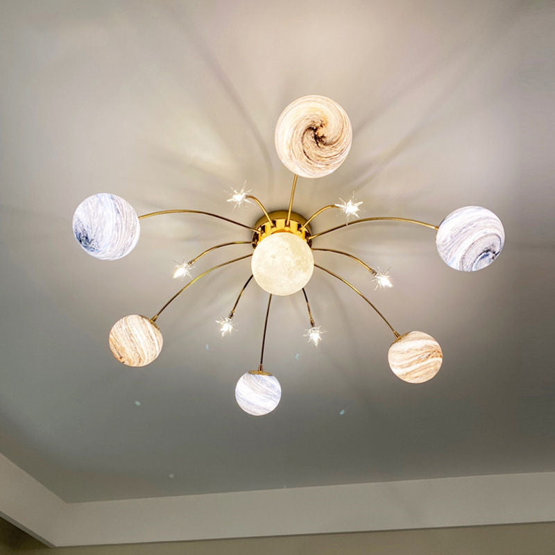Contemporary Nordic Kids Iron Glass Ball Earth Planet 13-Light Semi-Flush Mount Ceiling Light For Bedroom