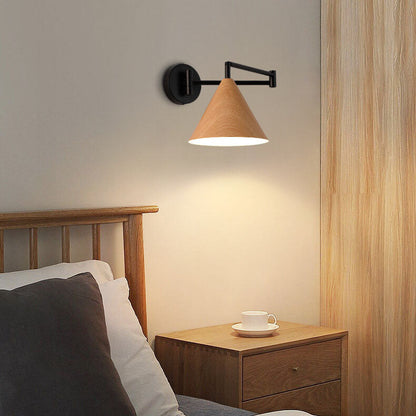 Nordic Minimalist Cone Swing Arm Wood Grain Wall Sconce