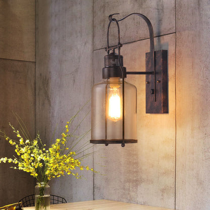 Industrial Iron Glass Cylinder 1-Light Wall Sconce Lamp