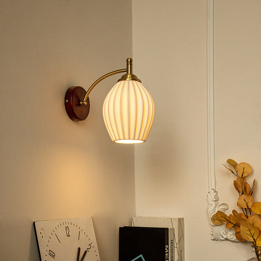 French Flower Shade Solid Wood Base 1-Light Wall Sconce