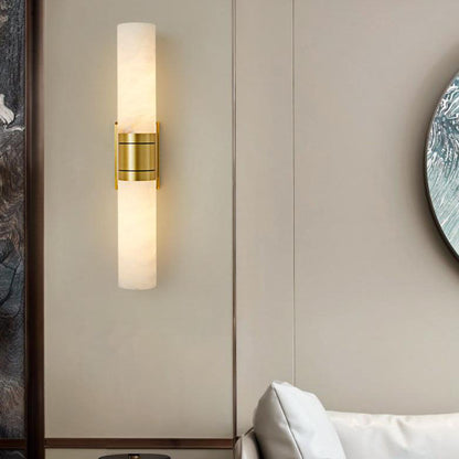 Mid-Century Marble Column Copper 2-Light Wall Sconce Lamp