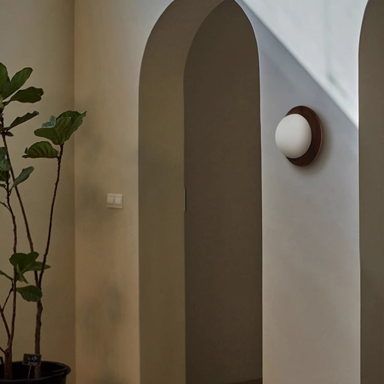 Modern Minimalist Round Glass Wood 1-Light Wall Sconce Lamp