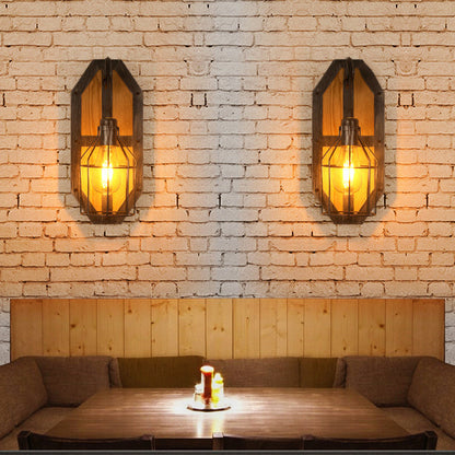 Industrial Pine Wood Iron Cage 1-Light Wall Sconce Lamp