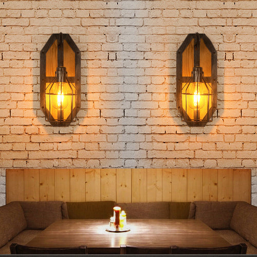 Industrial Pine Wood Iron Cage 1-Light Wall Sconce Lamp