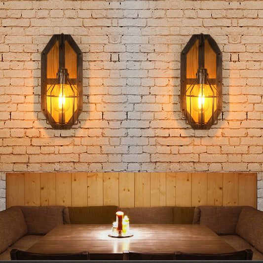 Industrial Pine Wood Iron Cage 1-Light Wall Sconce Lamp
