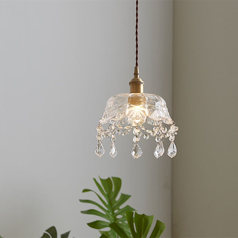 Round Carved Brass Glass Crystal 1-Light Pendant Light