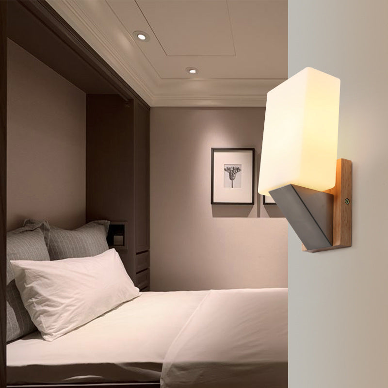 Minimalist Rectangle Wood Glass 1-Light Wall Sconce Lamp