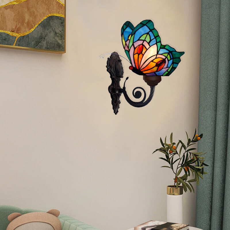 Tiffany Glass Butterfly Shade 1-Light Wall Sconce Lamp