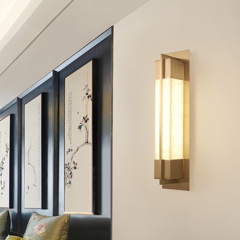 Chinese Copper Faux Marble Rectangular LED Wall Sconce Lamp