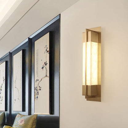 Chinese Copper Faux Marble Rectangular LED Wall Sconce Lamp