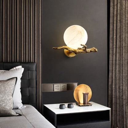 Chinese Twig Orb Brass Marble LED Wall Sconce Lamp
