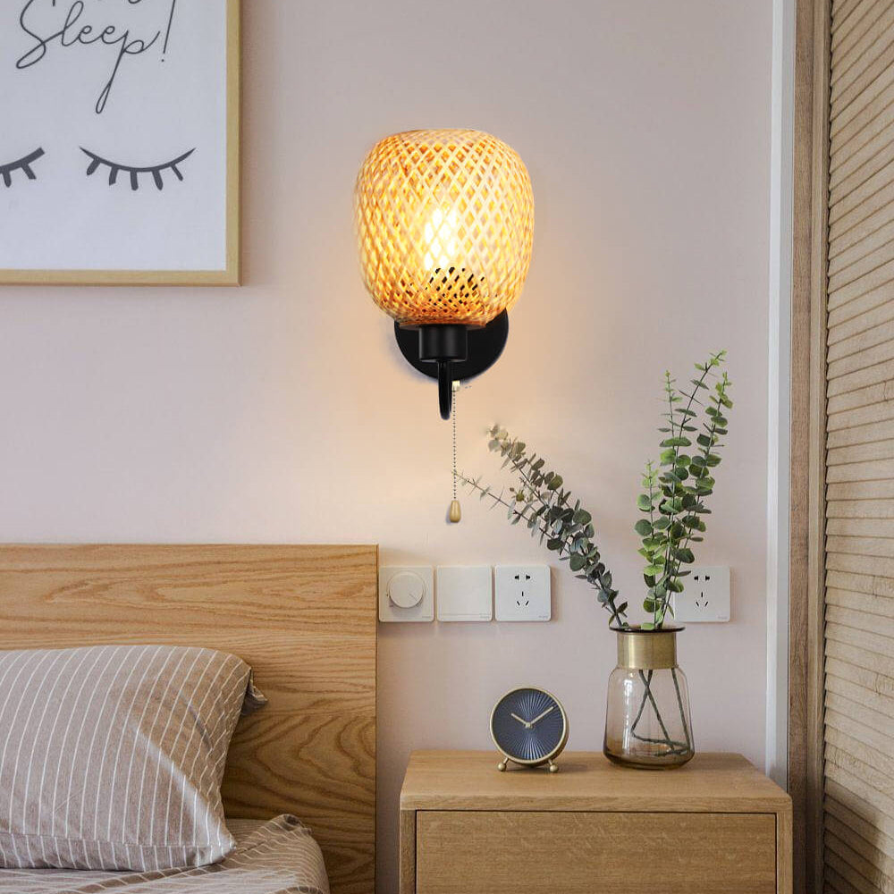 Chinese Iron Bamboo Woven Cage 1-Light Wall Sconce Lamp