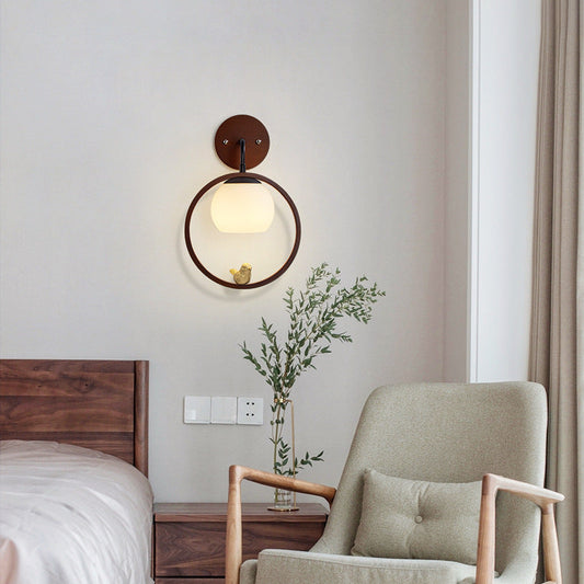 Minimalist Circle Bird Wood Glass 1-Light Wall Sconce Lamp