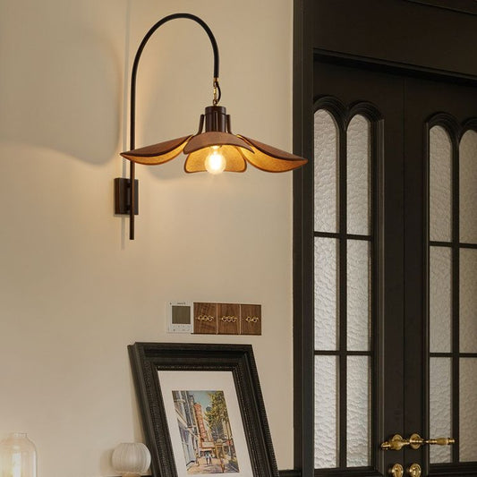 Japanese Floral Wooden Iron Fabric 1-Light Wall Sconce Lamp