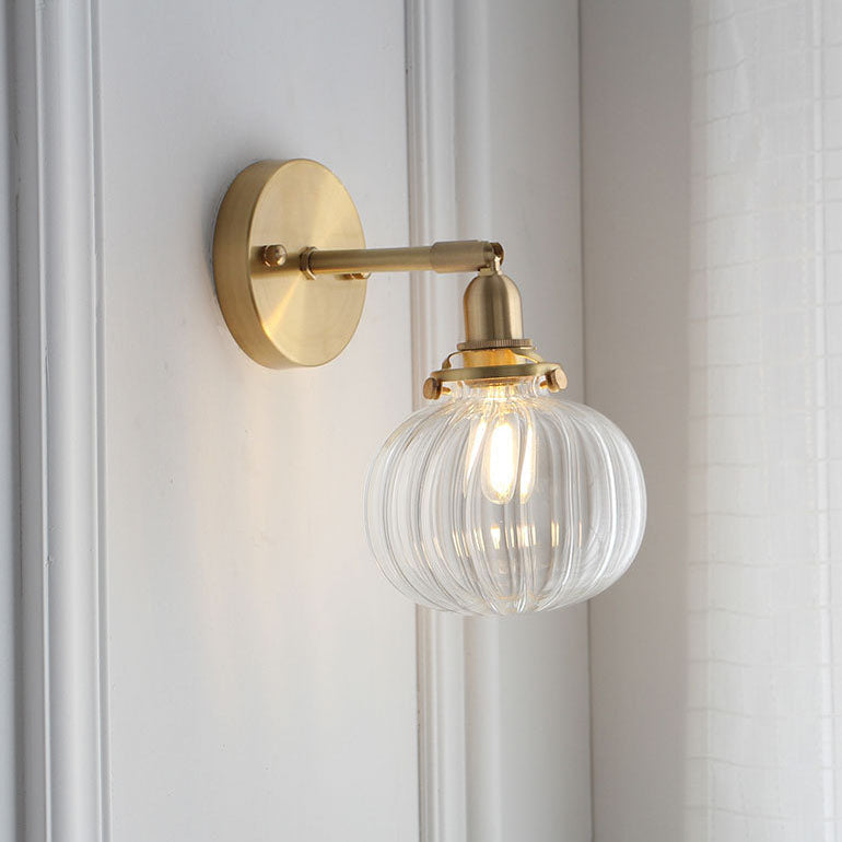Brass Pumpkin Glass Shade 1-Light Wall Sconce Lamp