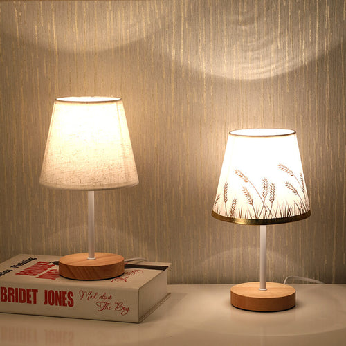 Nordic Vintage Fabric Cone Solid Wood LED Table Lamp