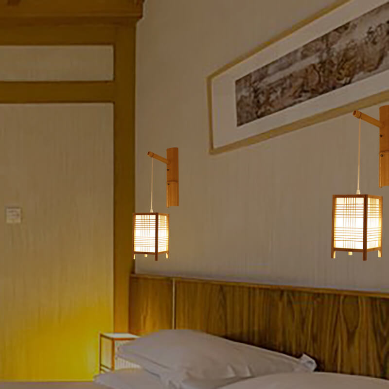 Japanese Style Bamboo Square 1-Light Wall Sconce Lamp