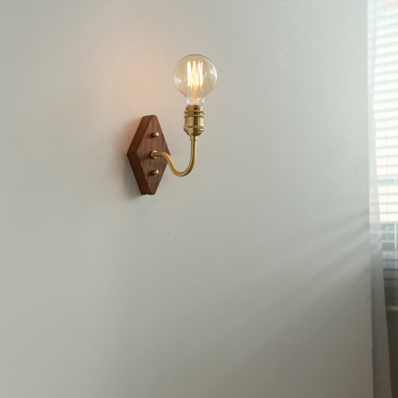 Diamond Curved Pole Wood Brass 1-Light Wall Sconce Lamp