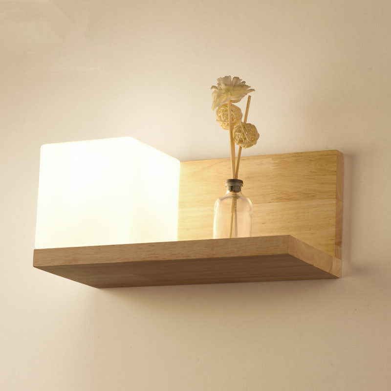 Creative Rubberwood Glass Square 1-Light Wall Sconce Lamp