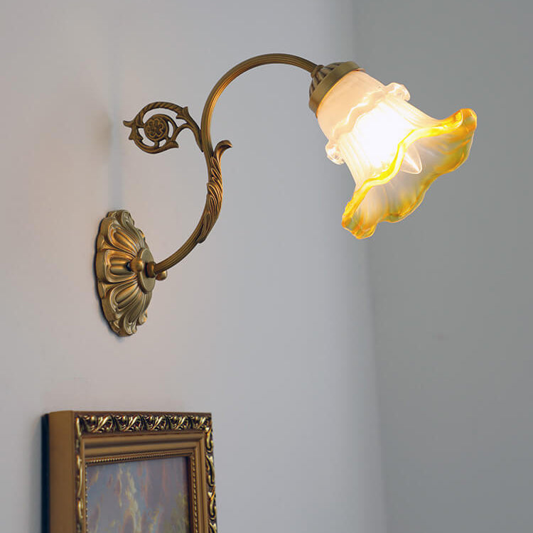 French Vintage Brass Glass Flower 1-Light Wall Sconce Lamp