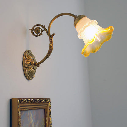 French Vintage Brass Glass Flower 1-Light Wall Sconce Lamp